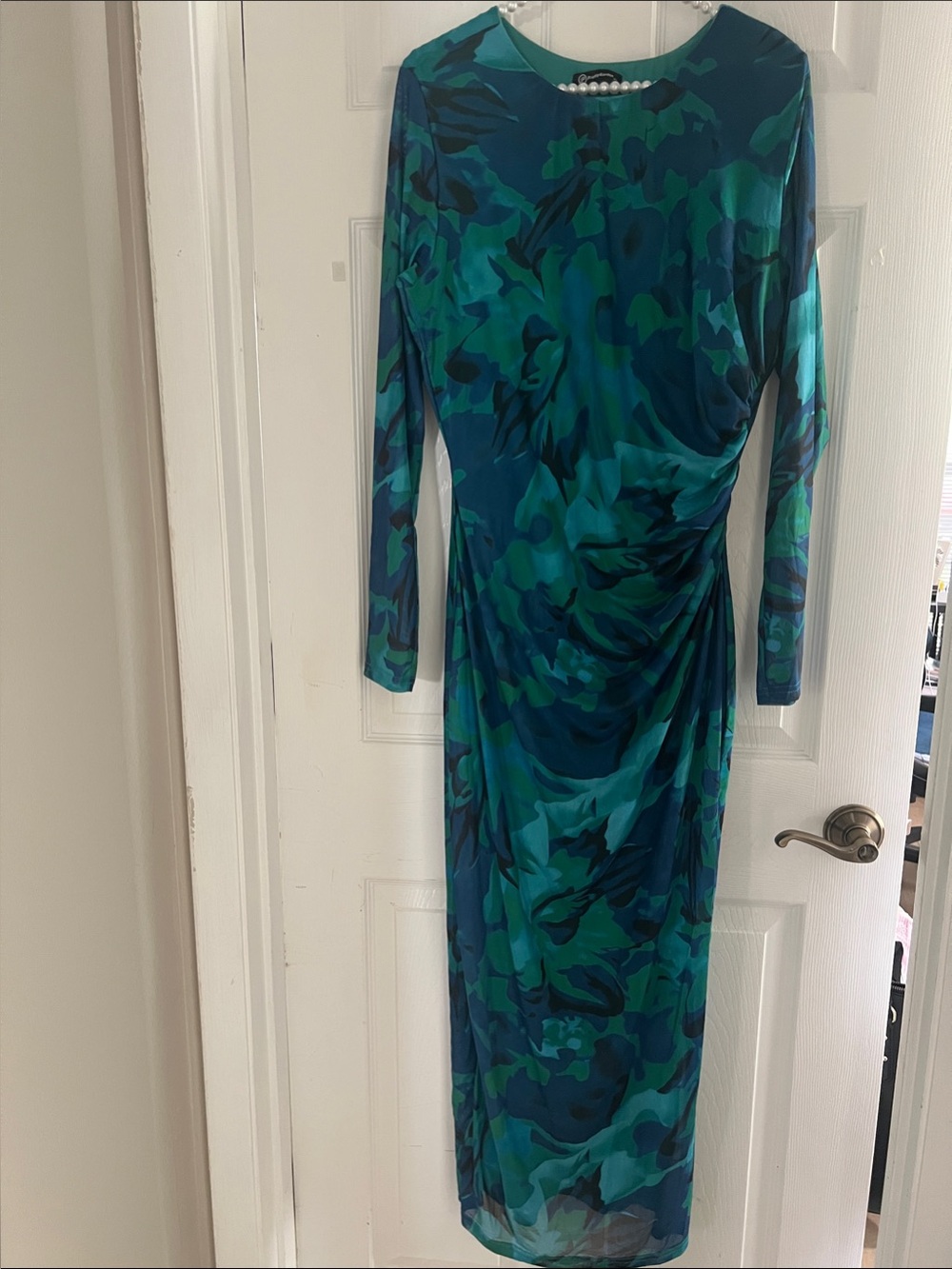 Ruched Long Sleeve Teal & Green Midi Dress
